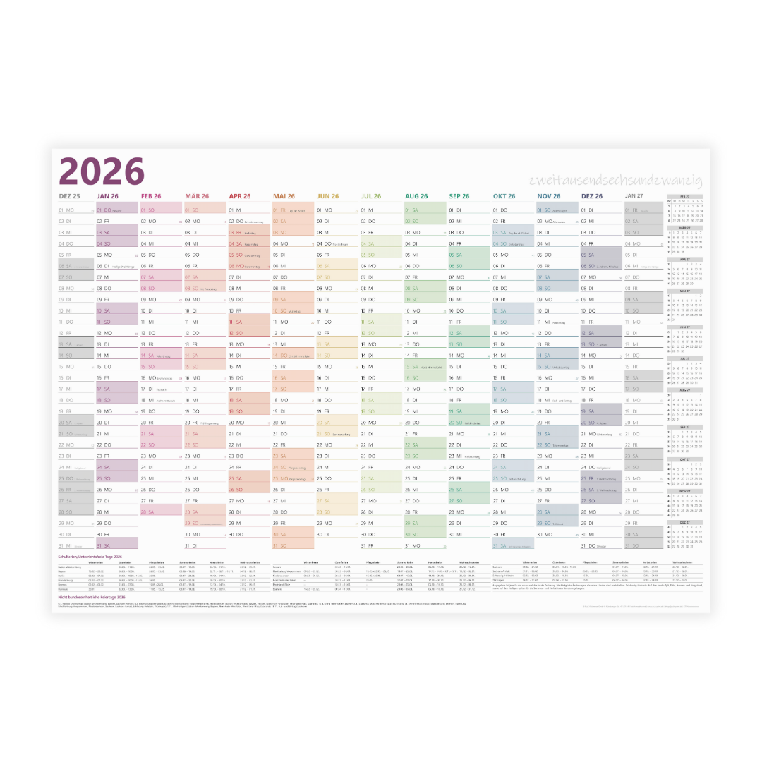 XXL Wandkalender 2026 Bunt - 89x63 cm - 14 Monate gefalzt
