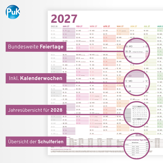 XXL Wandkalender 2027 Bunt - DIN A1+ - 14 Monate gerollt