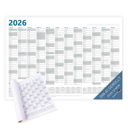 XL Wandkalender 2026 DIN A1 - 12 Monate gerollt