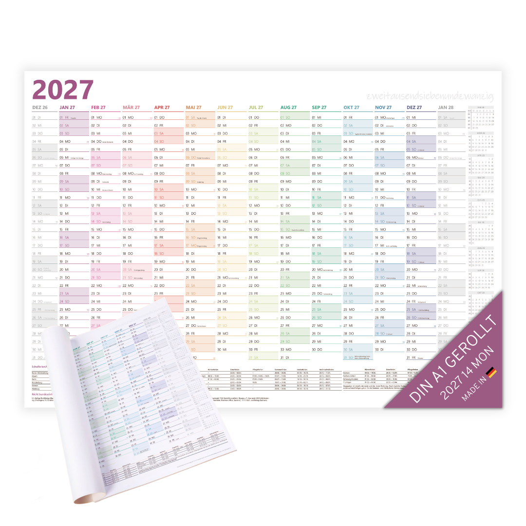 XXL Wandkalender 2027 Bunt - DIN A1+ - 14 Monate gerollt