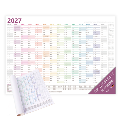 XXL Wandkalender 2027 Bunt - DIN A1+ - 14 Monate gerollt