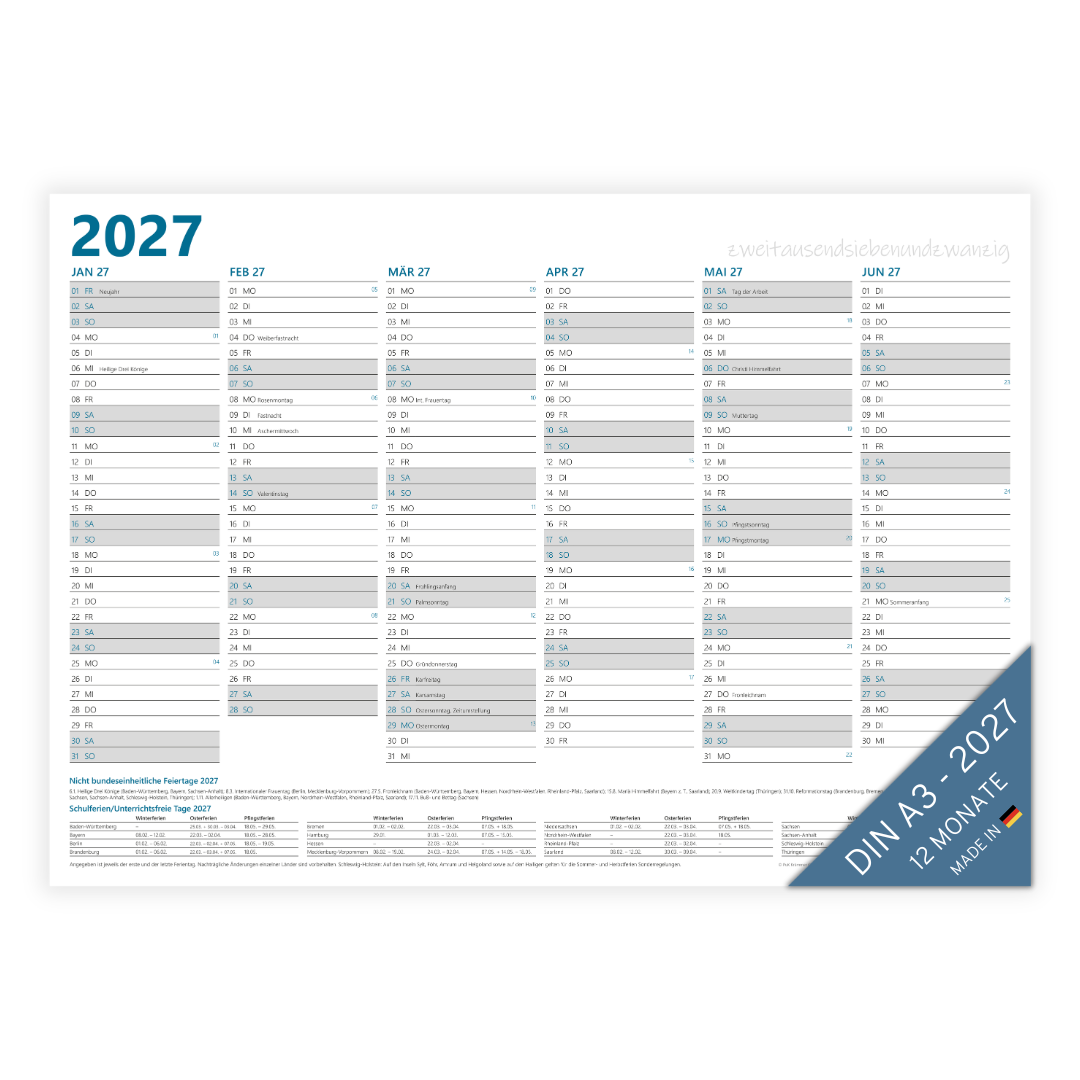 Jahresplaner 2027 DIN A3 - 12 Monate - Blau