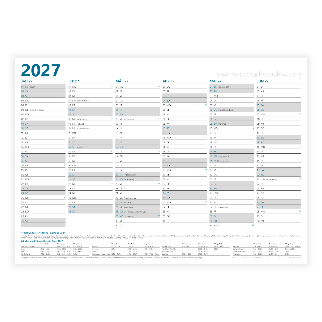 Jahresplaner 2027 DIN A3 - 12 Monate - Blau