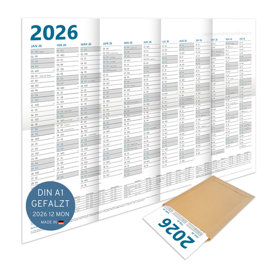 XL Wandkalender 2026 DIN A1 - 12 Monate gefalzt