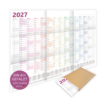 XXL Wandkalender 2027 Bunt - DIN A1+ - 14 Monate gefalzt