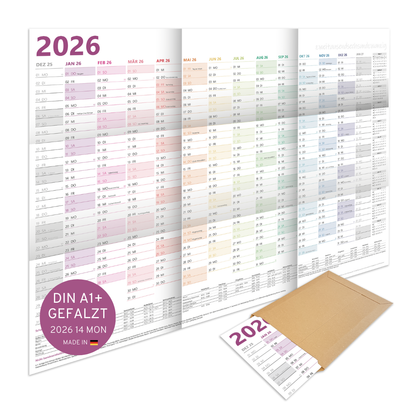 XXL Wandkalender 2026 Bunt - 89x63 cm - 14 Monate gefalzt