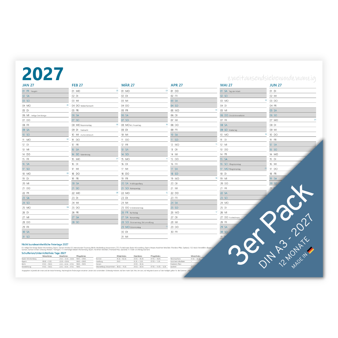Jahresplaner 2027 DIN A3 - 12 Monate - Blau