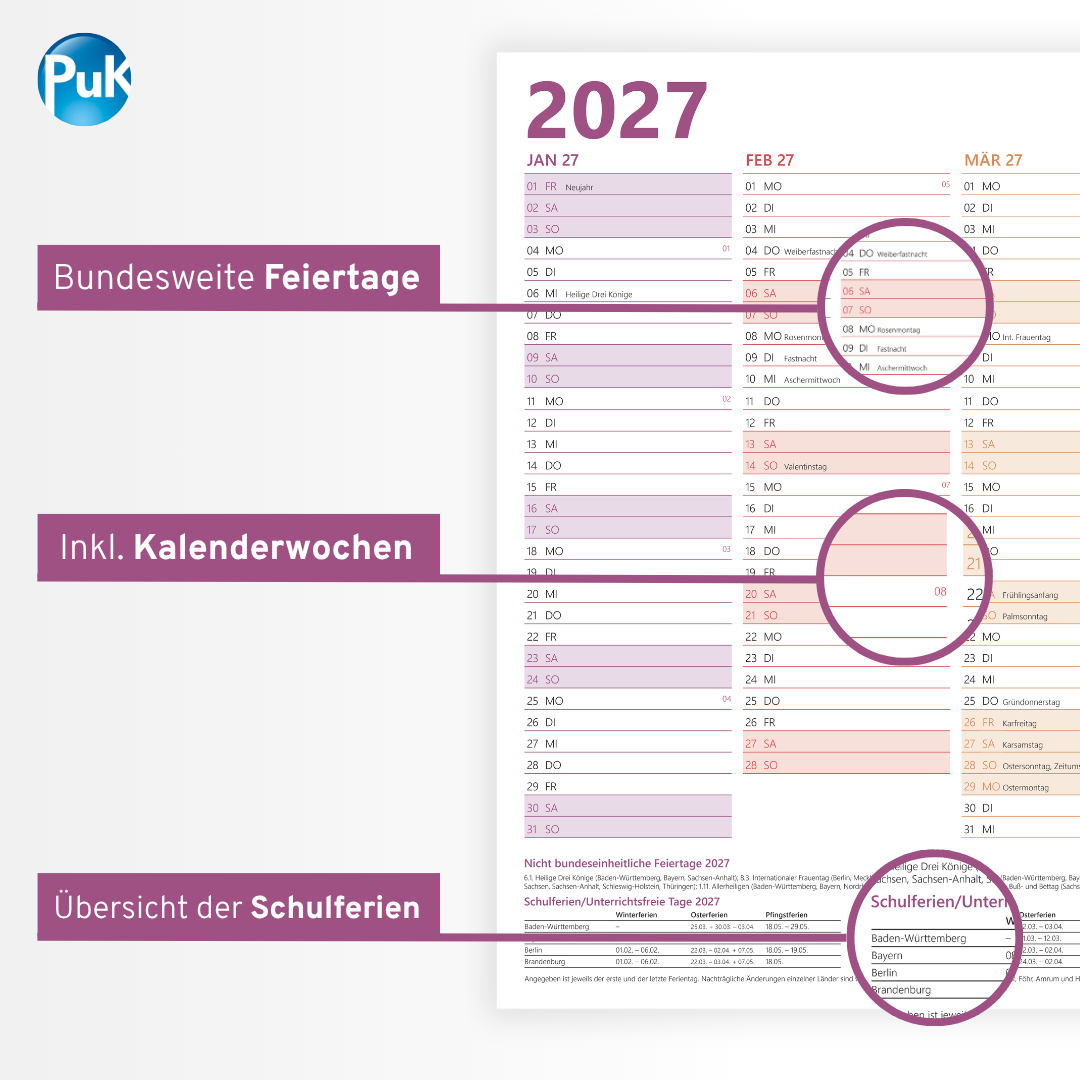 Jahresplaner 2027 DIN A3 - 12 Monate - Bunt