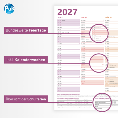 Jahresplaner 2027 DIN A3 - 12 Monate - Bunt