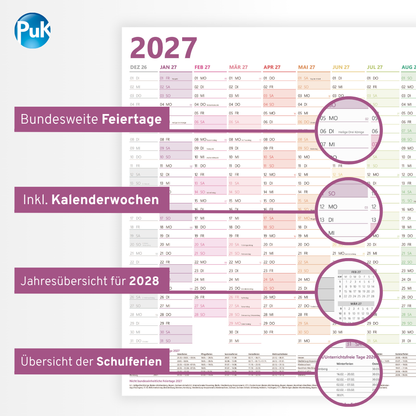 XXL Wandkalender 2027 Bunt - DIN A1+ - 14 Monate gerollt