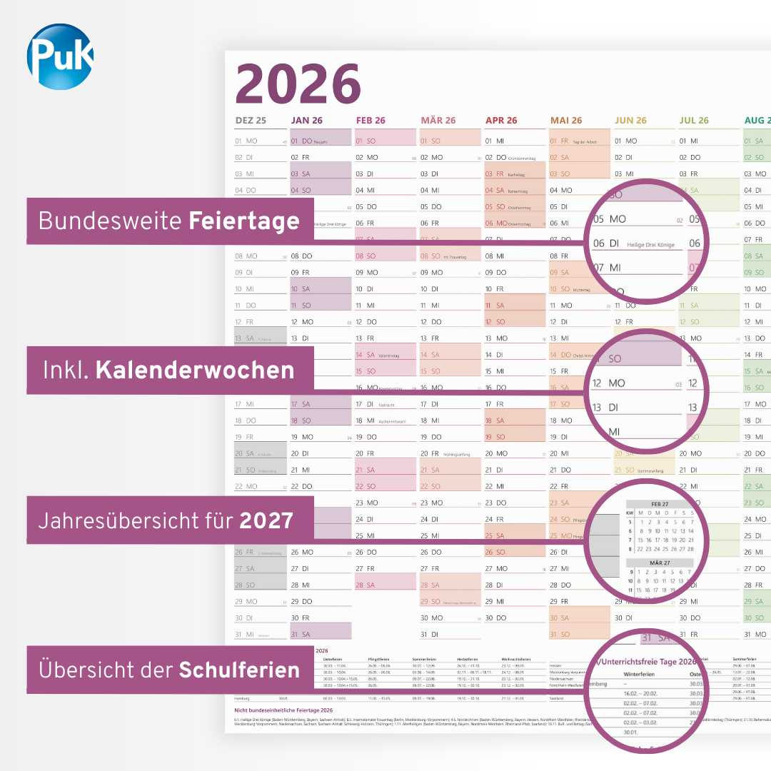 XXL Wandkalender 2026 Bunt - 89x63 cm - 14 Monate gefalzt