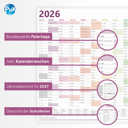 XXL Wandkalender 2026 Bunt - 89x63 cm - 14 Monate gefalzt