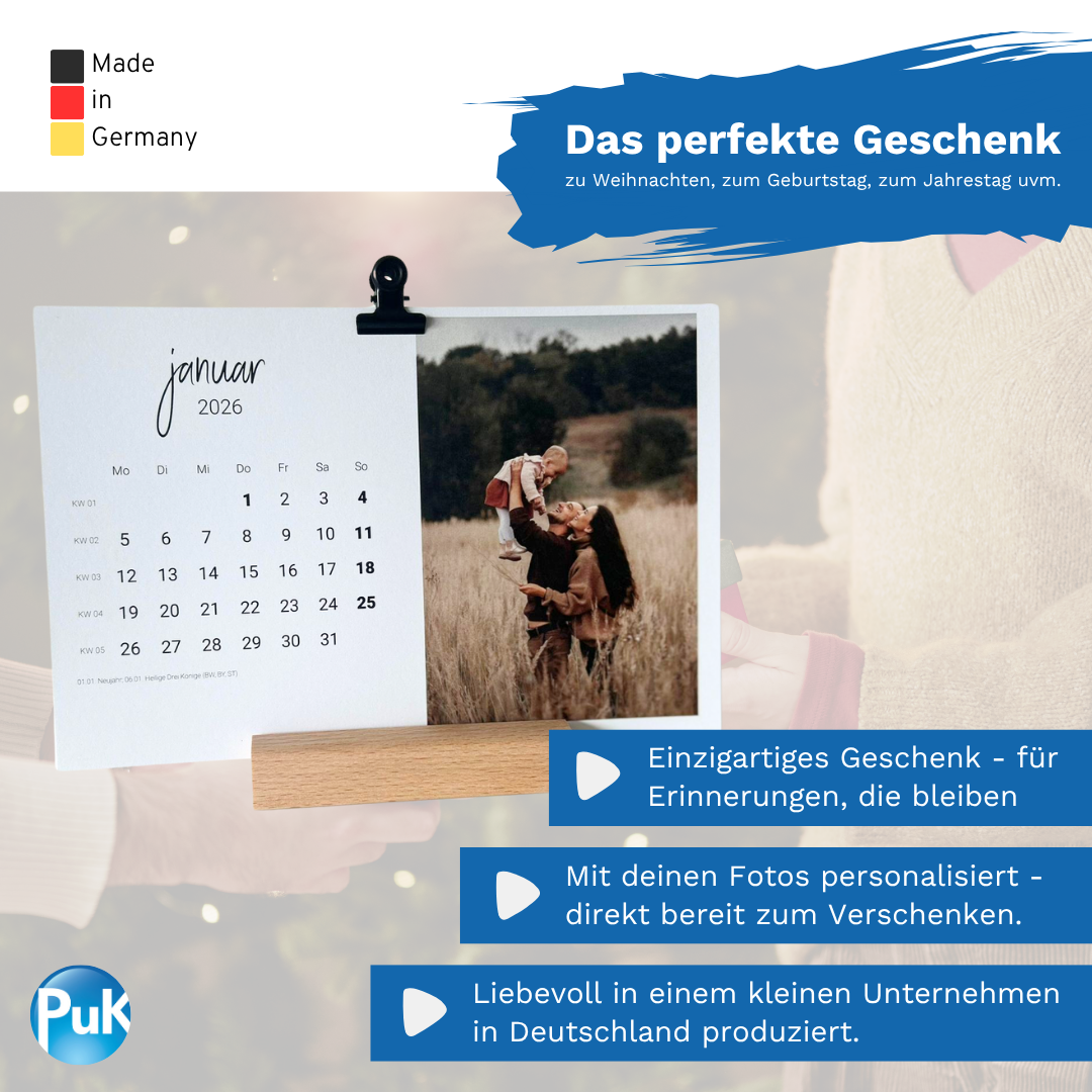 Personalisierter Fotokalender 2026 mit Holzfuß | Design 01
