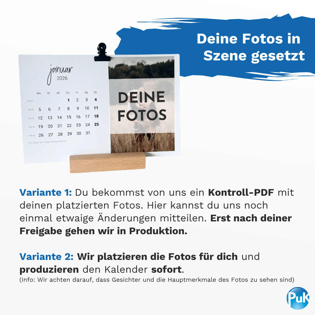 Personalisierter Fotokalender 2026 mit Holzfuß | Design 01