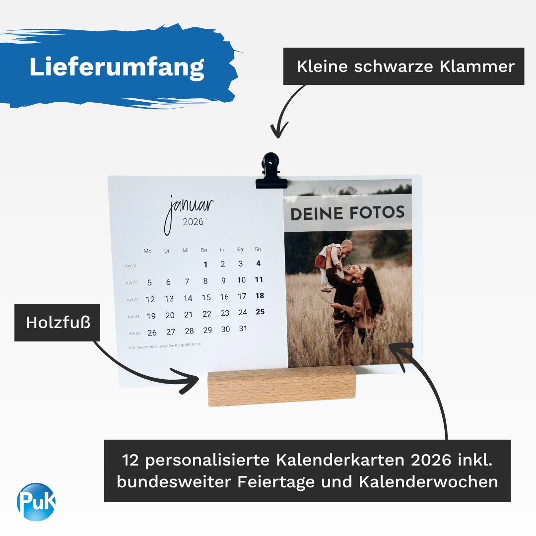 Personalisierter Fotokalender 2026 mit Holzfuß | Design 01