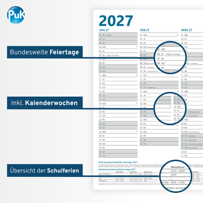 Jahresplaner 2027 DIN A3 - 12 Monate - Blau