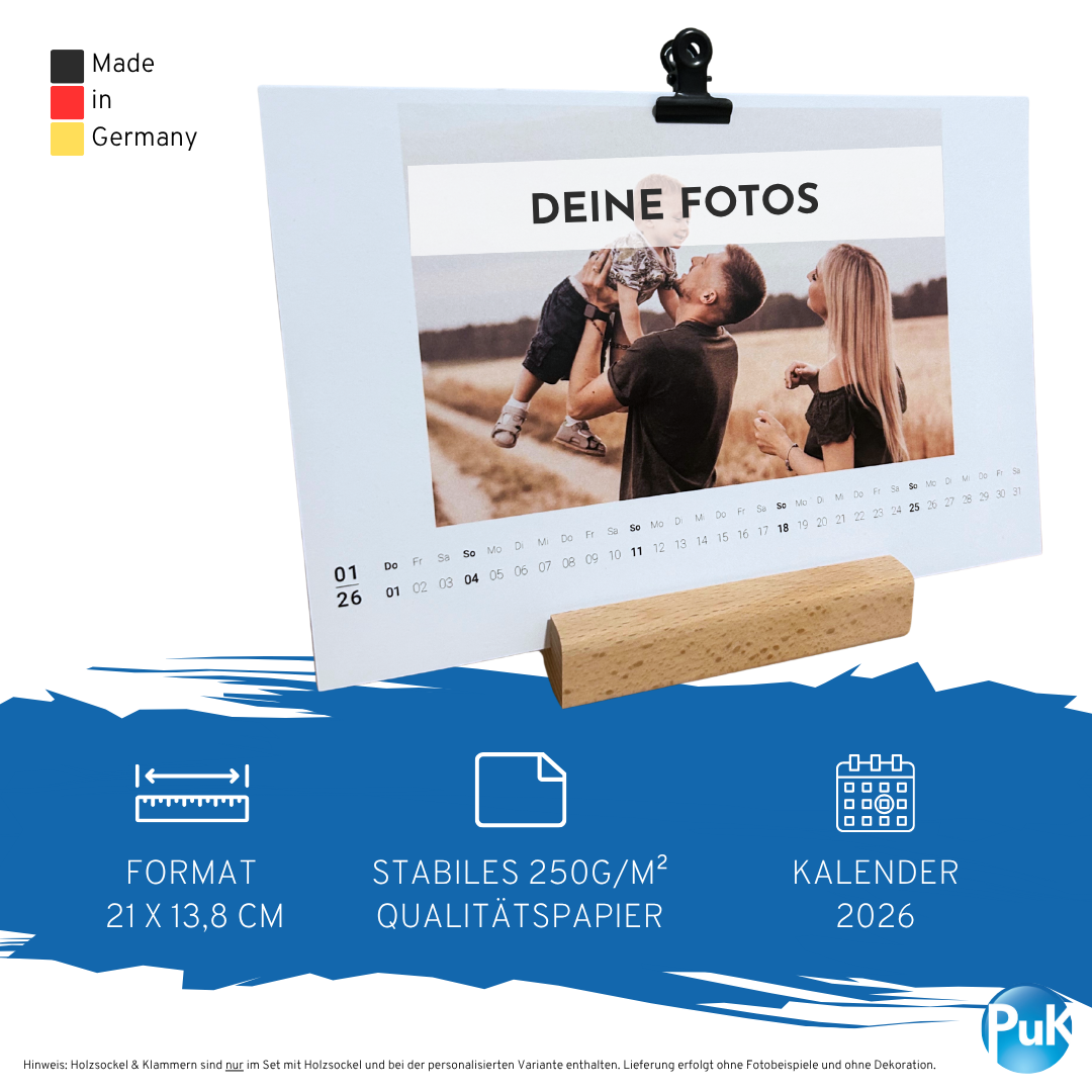 Personalisierter Fotokalender 2026 mit Holzfuß | Design 02