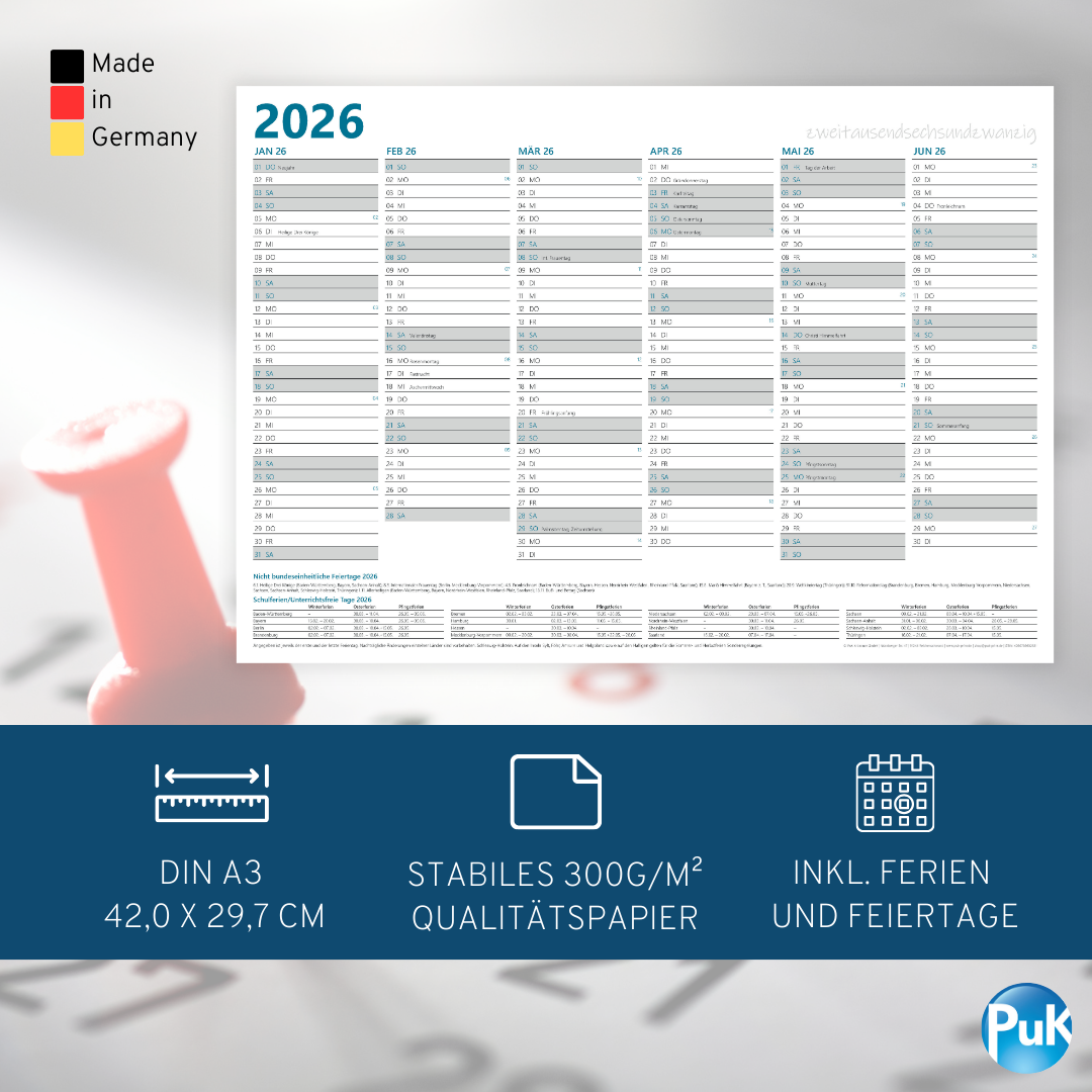 Jahresplaner 2026 DIN A3 - 12 Monate