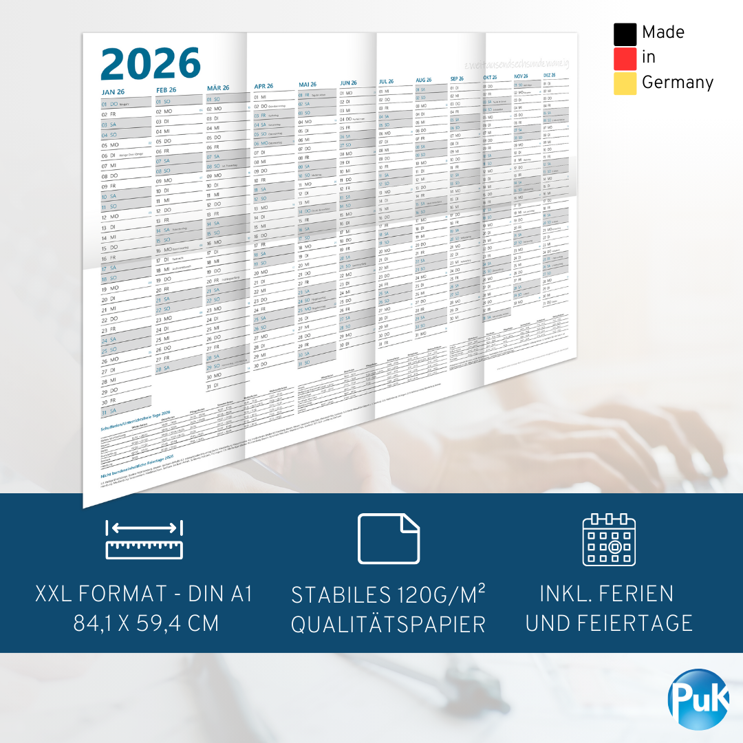XL Wandkalender 2026 DIN A1 - 12 Monate gefalzt