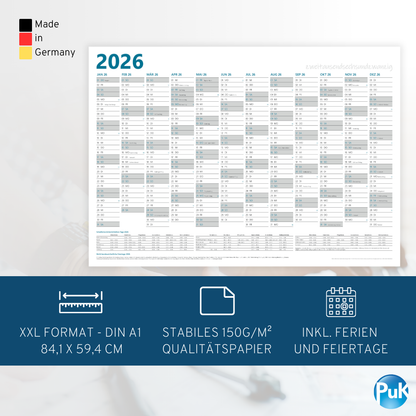 XL Wandkalender 2026 DIN A1 - 12 Monate gerollt