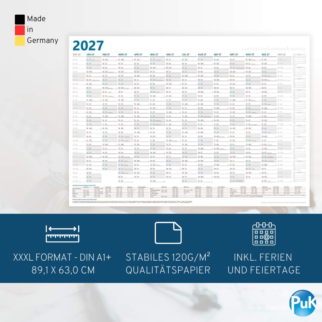 XL Wandkalender 2027 DIN A1+ - 14 Monate gerollt