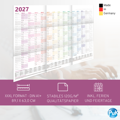 XXL Wandkalender 2027 Bunt - DIN A1+ - 14 Monate gefalzt