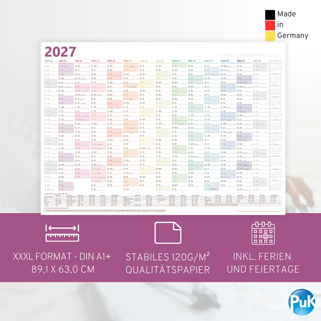 XXL Wandkalender 2027 Bunt - DIN A1+ - 14 Monate gerollt