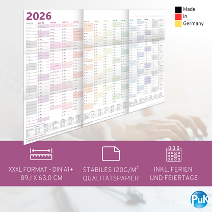 XXL Wandkalender 2026 Bunt - 89x63 cm - 14 Monate gefalzt
