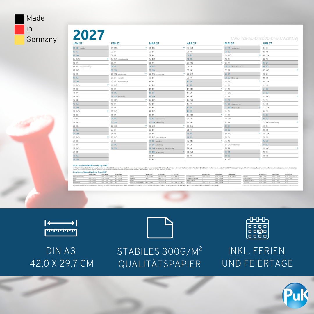 Jahresplaner 2027 DIN A3 - 12 Monate - Blau