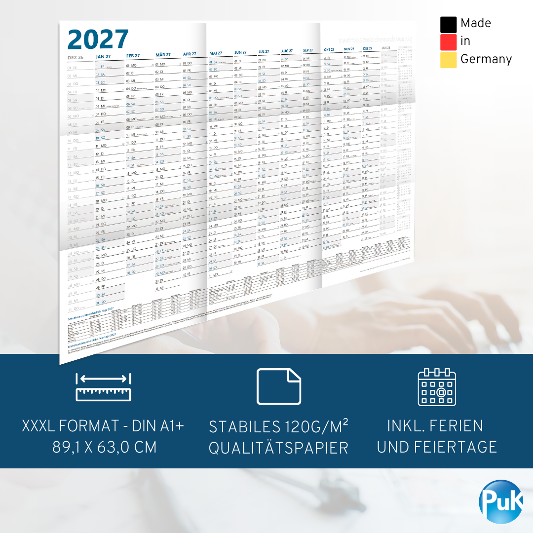 XL Wandkalender 2027 DIN A1 - 12 Monate gefalzt