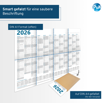 XL Wandkalender 2026 DIN A1 - 12 Monate gefalzt