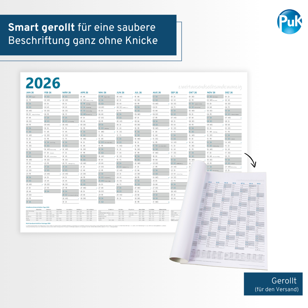 XL Wandkalender 2026 DIN A1 - 12 Monate gerollt