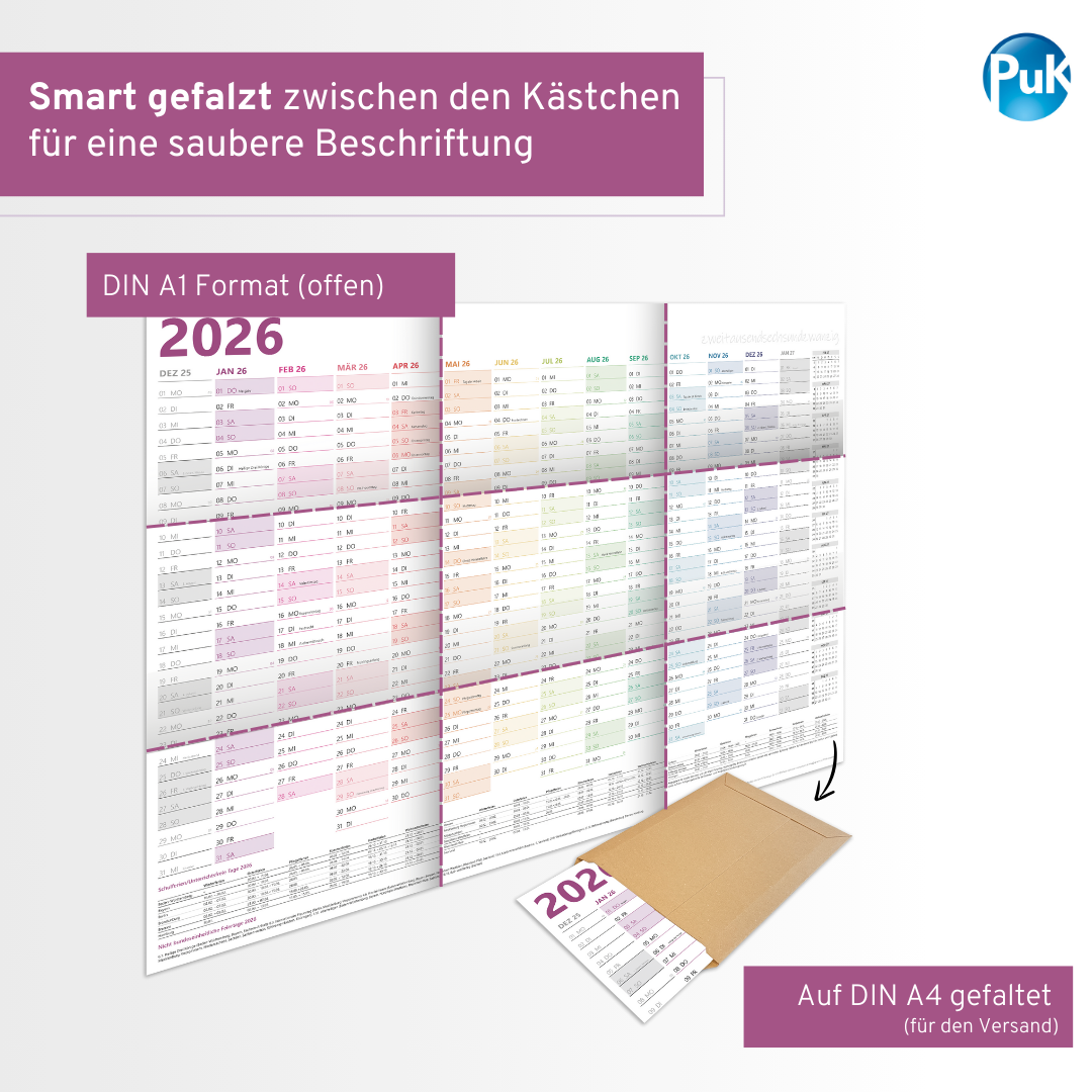 XXL Wandkalender 2026 Bunt - 89x63 cm - 14 Monate gefalzt
