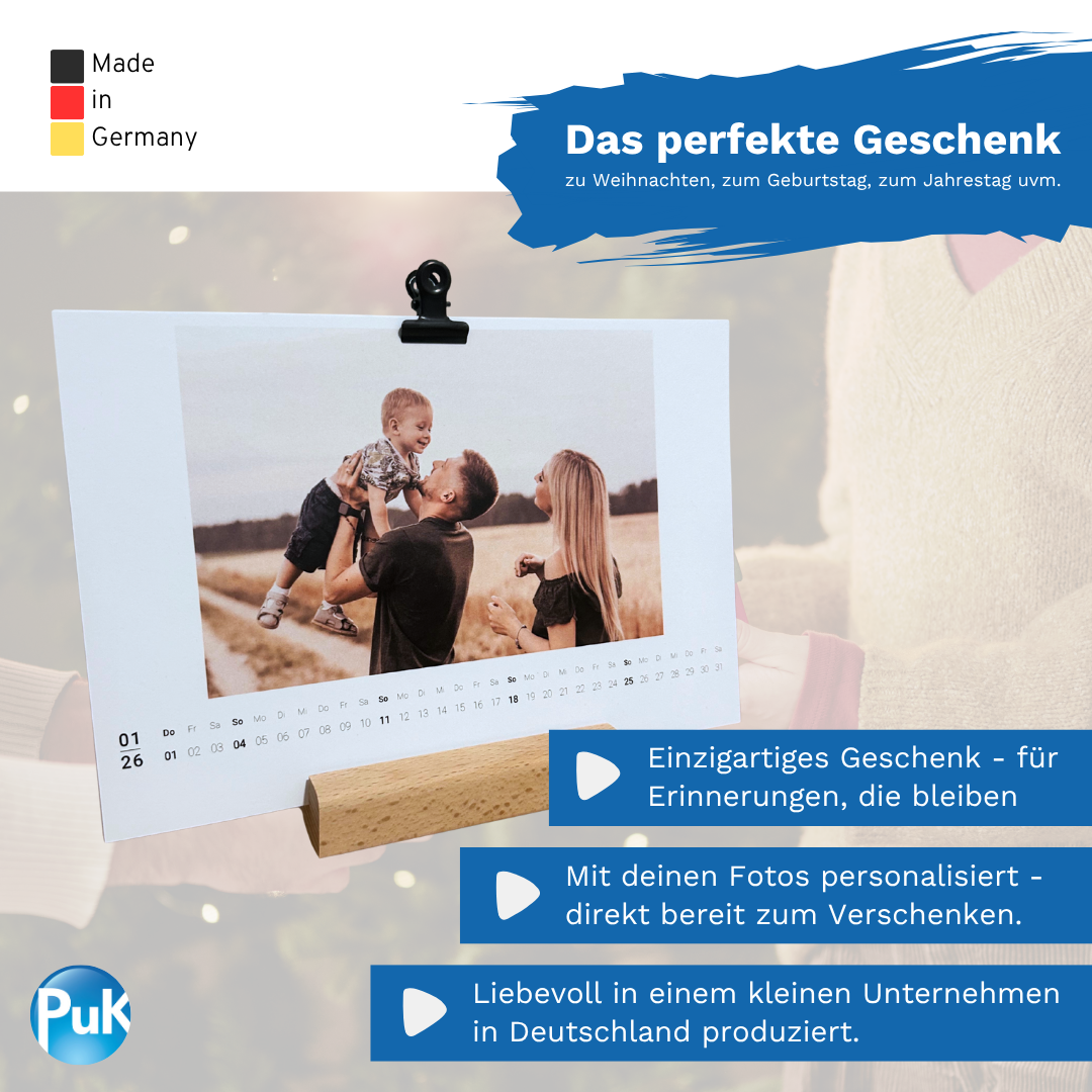 Personalisierter Fotokalender 2026 mit Holzfuß | Design 02