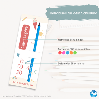 Personalisiertes Karte 'Schulkind 2026' Bleistift | Name & Datum | zur Einschulung