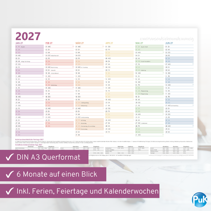 Jahresplaner 2027 DIN A3 - 12 Monate - Bunt