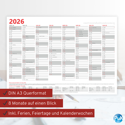 Jahresplaner 2026 DIN A3 - 16 Monate