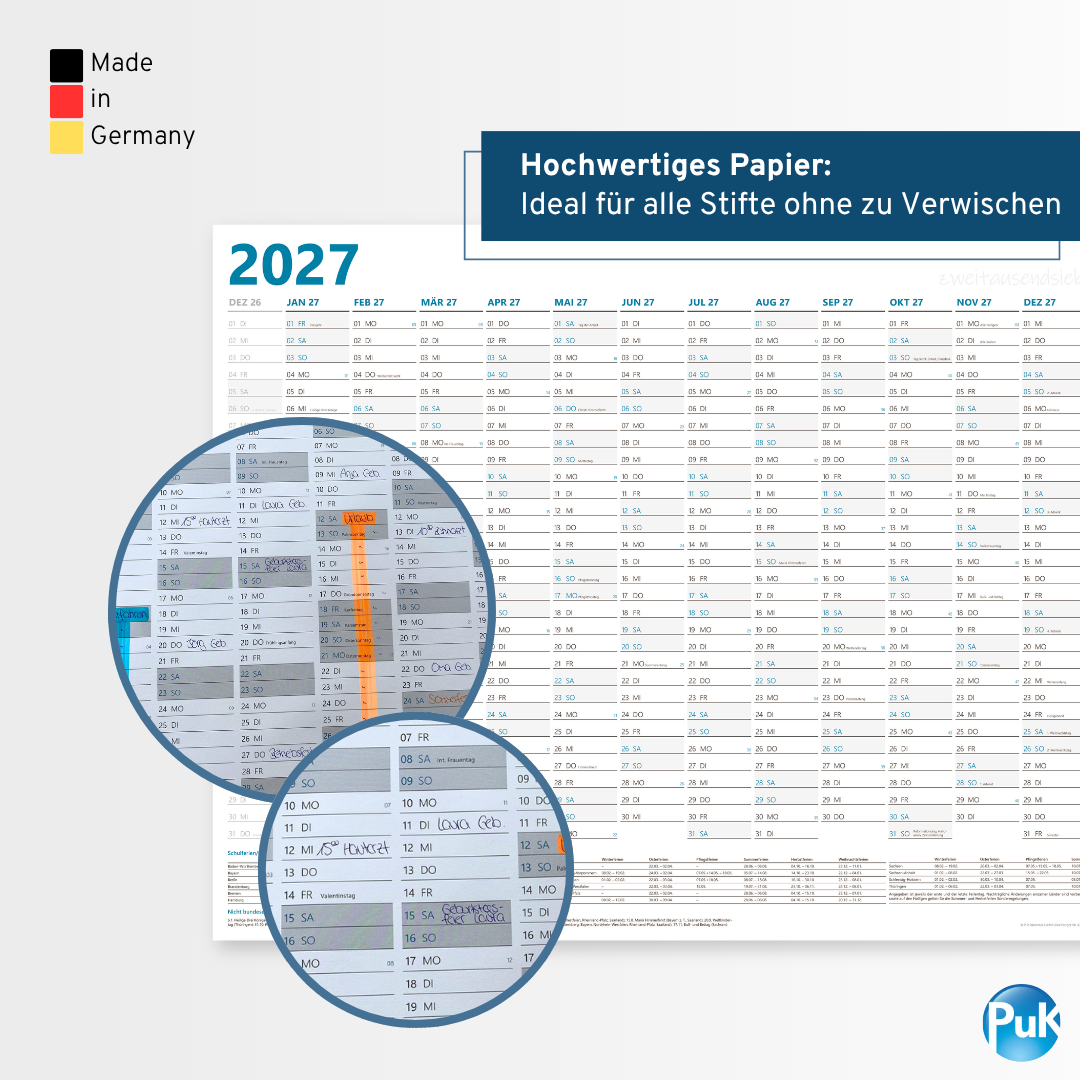 XL Wandkalender 2027 DIN A1+ - 14 Monate gerollt