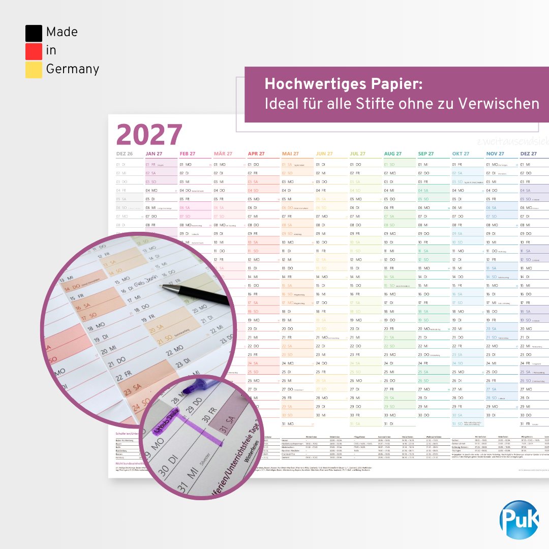 XXL Wandkalender 2027 Bunt - DIN A1+ - 14 Monate gerollt