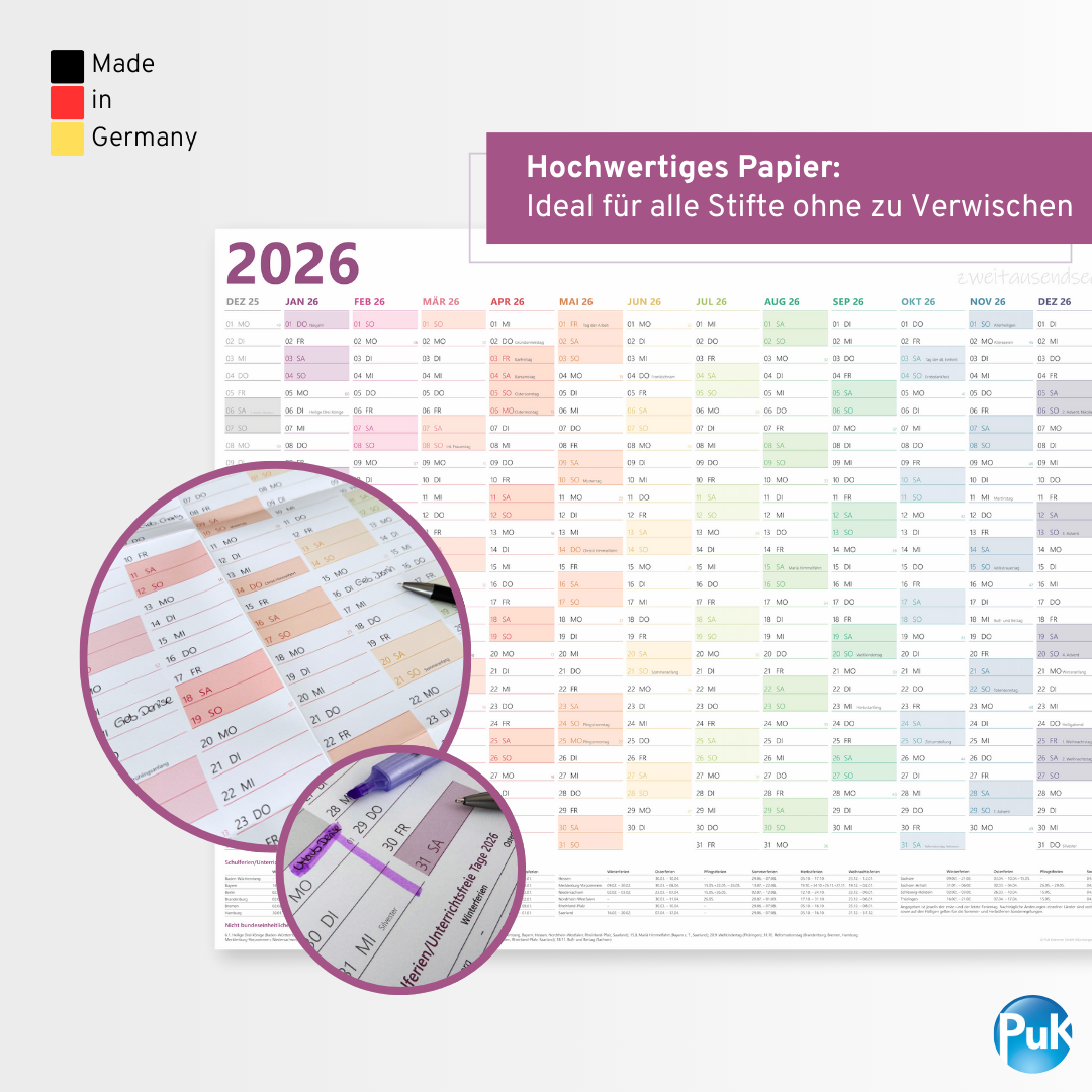 XXL Wandkalender 2026 Bunt - 89x63 cm - 14 Monate gefalzt