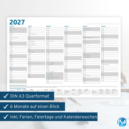 Jahresplaner 2027 DIN A3 - 12 Monate - Blau