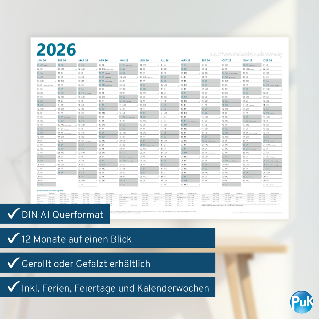 XL Wandkalender 2026 DIN A1 - 12 Monate gerollt