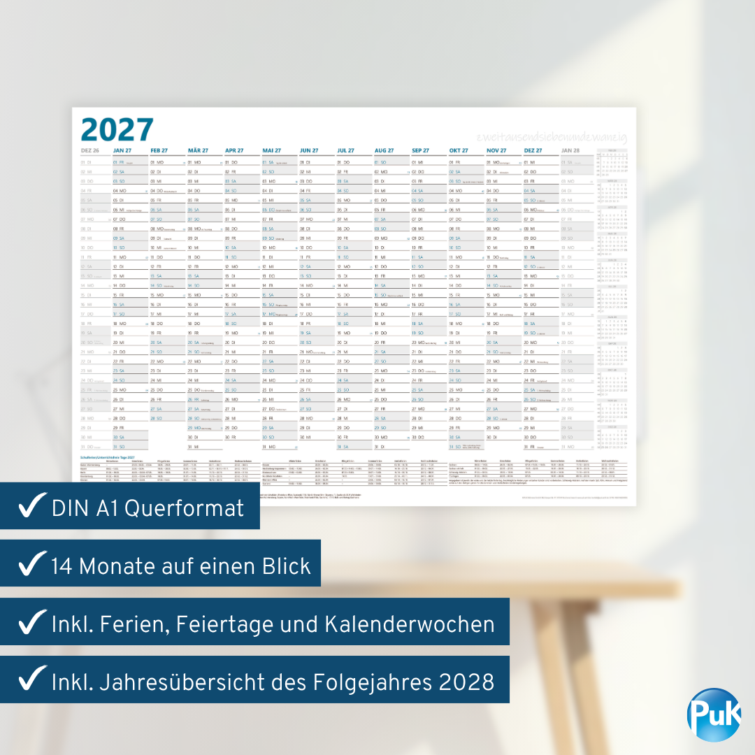 XL Wandkalender 2027 DIN A1+ - 14 Monate gerollt