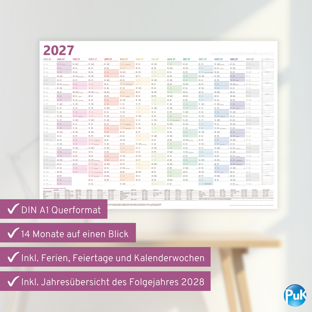 XXL Wandkalender 2027 Bunt - DIN A1+ - 14 Monate gerollt