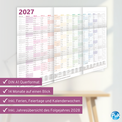 XXL Wandkalender 2027 Bunt - DIN A1+ - 14 Monate gefalzt