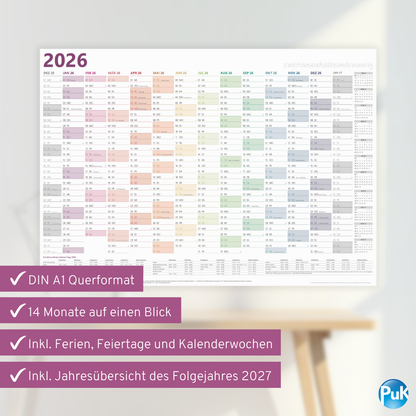 XXL Wandkalender 2026 Bunt - 89x63 cm - 14 Monate gefalzt