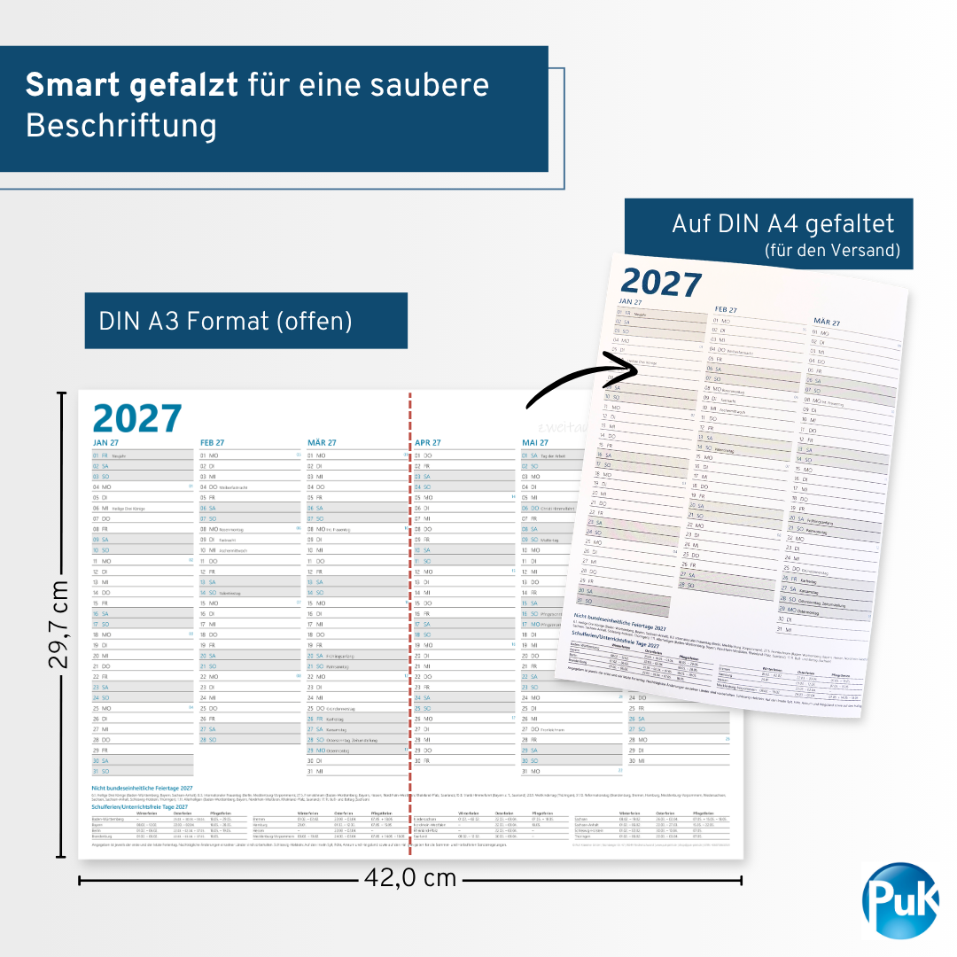 Jahresplaner 2027 DIN A3 - 12 Monate - Blau