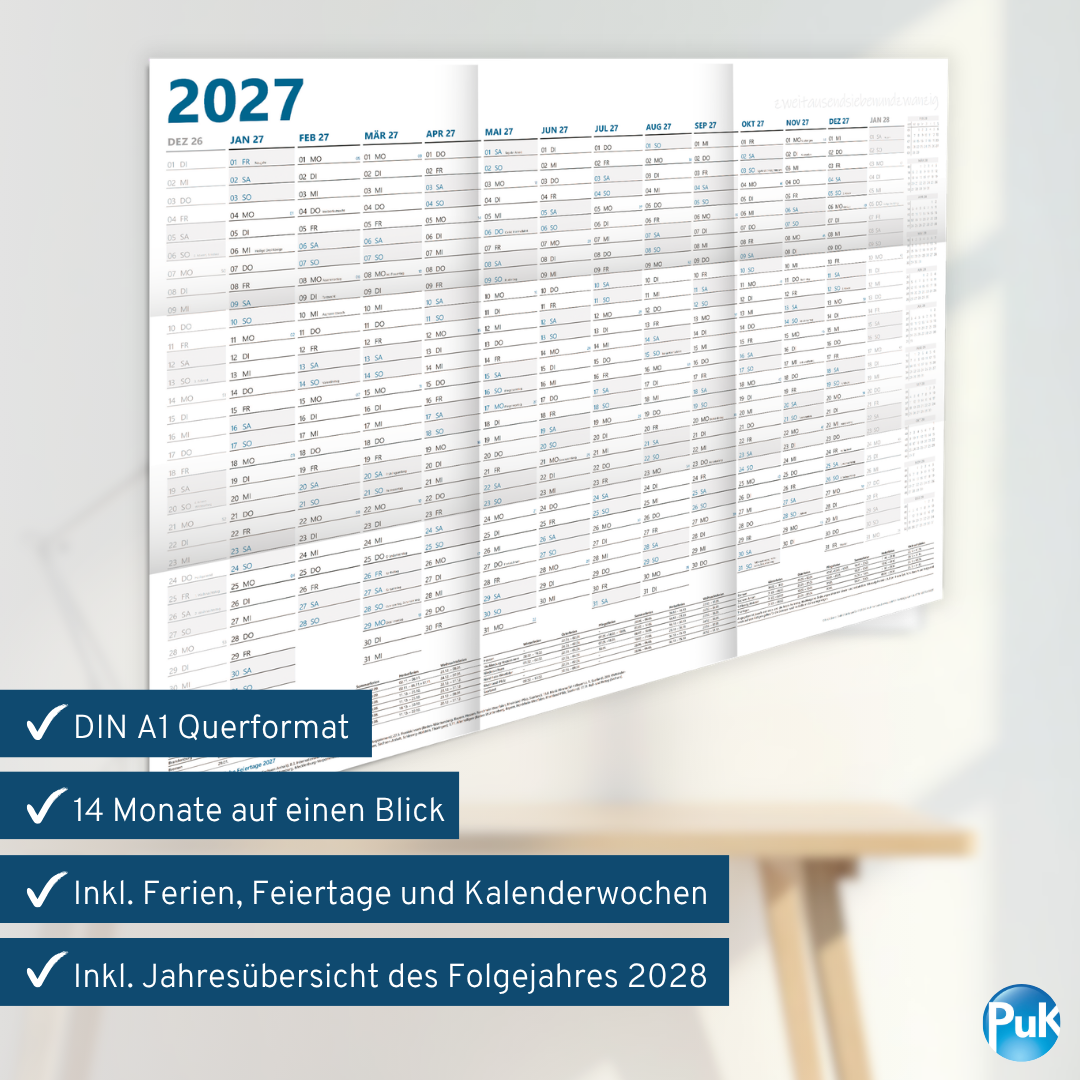 XL Wandkalender 2027 DIN A1 - 12 Monate gefalzt