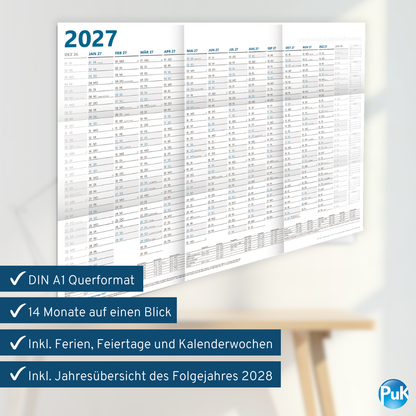 XL Wandkalender 2027 DIN A1 - 12 Monate gefalzt