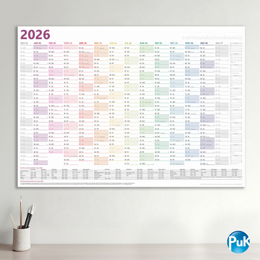XXL Wandkalender 2026 Bunt - 89x63 cm - 14 Monate gefalzt